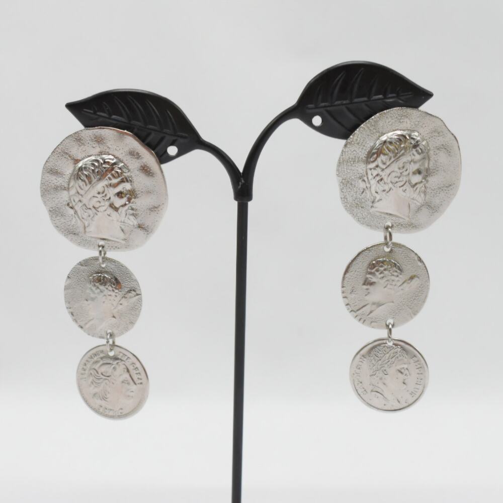 Greek Roman Coin Dangle Earrings Silver Tone Ancient Head Medallion Drop Vintage